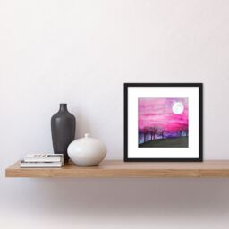 Artery8 Full Moon Pink Sky Forest Landscape Simple Watercolour Illustration Square Wooden Framed Wall Art Print Picture 8X8 Inch in Black - thumbnail 2
