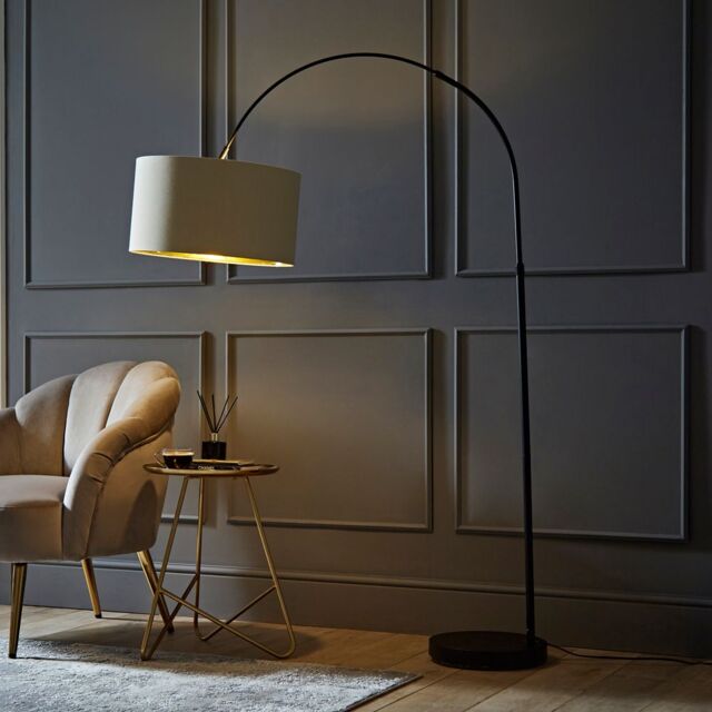 ValueLights Louis Black Arched Curved Floor Lamp with Black & Gold Inner Shade & LED Bulb - image 1