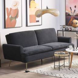 Wyld and Coco 3-Seater Velvet Sofa Bed Black - Click-Clack Gold Legs