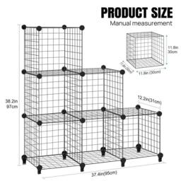 VOGREX 6 Cube DIY Wire Grid Storage Shelf Rack Display Cabinet Organiser in Black - thumbnail 2