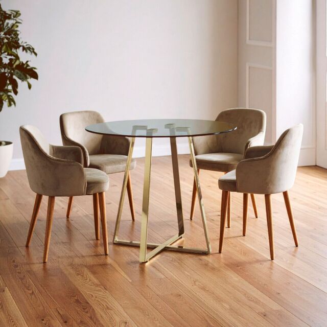 Orsina Sturdy Round Gold Finish Dining Table, Modern Table For Entertaining Guests, Minimalist Open Base Table - image 1
