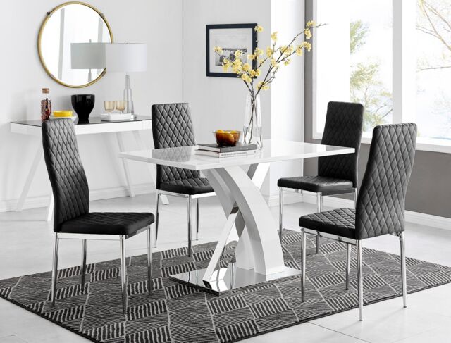 FurnitureboxUK Atlanta White High Gloss & Chrome 4 Seater Dining Table with X Shaped Legs & 4 Soft Velvet Milan Chairs in Black - image 1