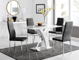 FurnitureboxUK Atlanta White High Gloss & Chrome 4 Seater Dining Table with X Shaped Legs & 4 Soft Velvet Milan Chairs in Black - thumbnail 1
