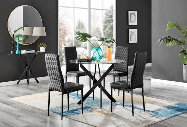 FurnitureboxUK Novara 4 Seater Black Leg Round Glass Dining Table & 4 Milan Faux Leather Black Leg Chairs - image 1
