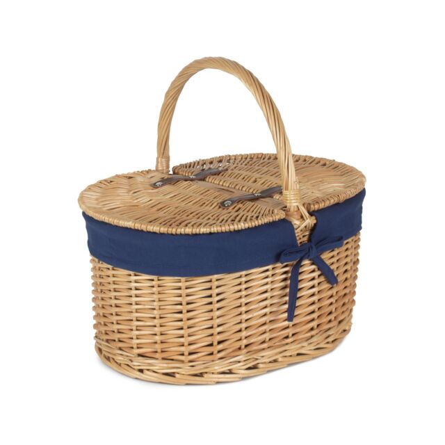 Red Hamper Wicker Oval Lidded Picnic Shopping Basket With Navy Blue Lining in Brown - image 1