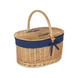 Red Hamper Wicker Oval Lidded Picnic Shopping Basket With Navy Blue Lining in Brown - thumbnail 1