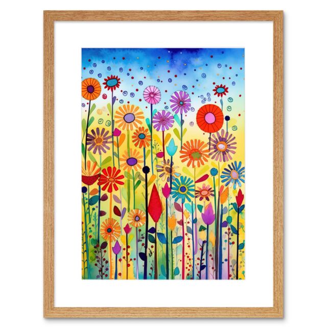 "Artery8 Wall Art Print Tall Mixed Flowers Folk Art Watercolour Painting Artwork Framed 9X7 Inch in Beige - Size: W7"" x H9""" - image 1