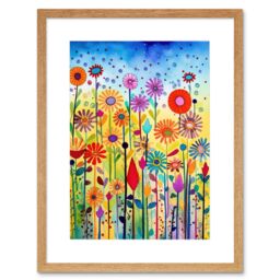 "Artery8 Wall Art Print Tall Mixed Flowers Folk Art Watercolour Painting Artwork Framed 9X7 Inch in Beige - Size: W7"" x H9""" - thumbnail 1