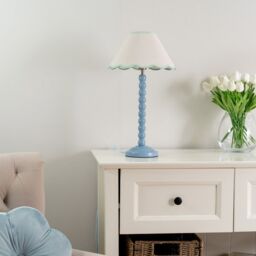 ValueLights Bobbins Powder Blue Table Lamp with Tapered Natural Linen Scallop Shade in Pale Green - thumbnail 5