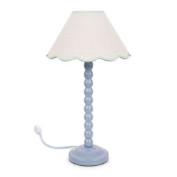 ValueLights Bobbins Powder Blue Table Lamp with Tapered Natural Linen Scallop Shade in Pale Green - thumbnail 2