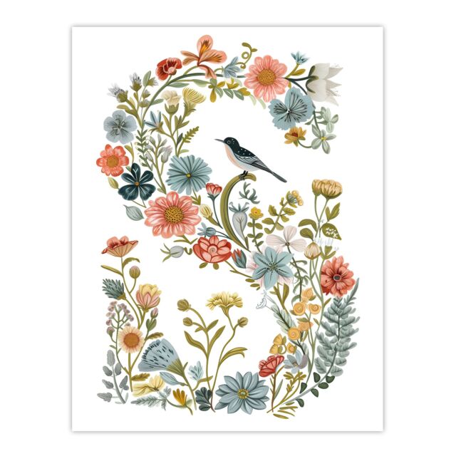 "Artery8 Women's Wall Art Print Letter S in Classic Wildflowers with Bird Elegant Floral Word Art For Her Poster - Size: W12"" x H16""" - image 1