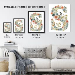 "Artery8 Women's Wall Art Print Letter S in Classic Wildflowers with Bird Elegant Floral Word Art For Her Poster - Size: W12"" x H16""" - thumbnail 3
