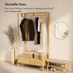VonHaus Sienna 2 Drawer Rattan Fronted Bedroom Clothes Rail in Brown - thumbnail 2