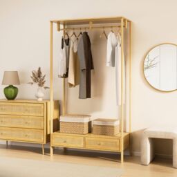 VonHaus Sienna 2 Drawer Rattan Fronted Bedroom Clothes Rail in Brown