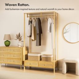VonHaus Sienna 2 Drawer Rattan Fronted Bedroom Clothes Rail in Brown - thumbnail 3