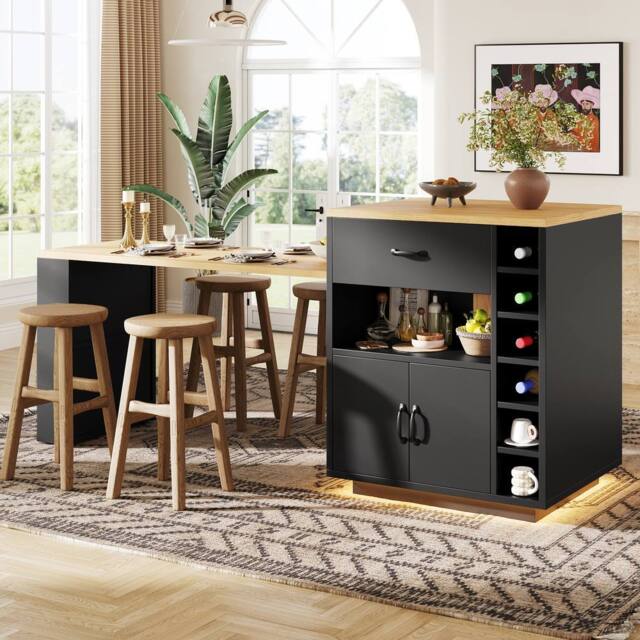 Merax Extendable Kitchen Island Breakfast Dining Table with Wine Rack in Black - image 1