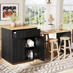 Merax Extendable Kitchen Island Breakfast Dining Table with Wine Rack in Black - thumbnail 3