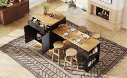 Merax Extendable Kitchen Island Breakfast Dining Table with Wine Rack in Black - thumbnail 8