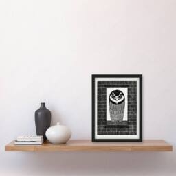 Artery8 Samuel J De Mesquita Framed Wall Art Ringuil Owl Bird on a Window in White - Size: A4 - thumbnail 2