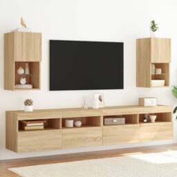 Berkfield Home TV Cabinets with LED Lights 2 pcs Sonoma Oak 30.5x30x60 cm in Light Oak - thumbnail 2
