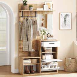 Rolipo 7-in-1 White Wood Coat Stand with Shoe Bench & Mirror - thumbnail 3