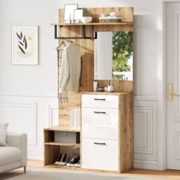 Rolipo 7-in-1 White Wood Coat Stand with Shoe Bench & Mirror - thumbnail 6