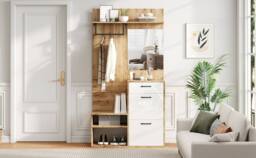 Rolipo 7-in-1 White Wood Coat Stand with Shoe Bench & Mirror - thumbnail 7