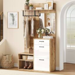Rolipo 7-in-1 White Wood Coat Stand with Shoe Bench & Mirror - thumbnail 5