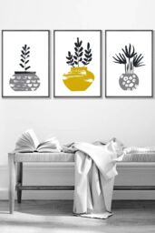 ARTZE Scandi Yellow Grey Cactus Pots Framed Wall Art - Medium in Dark Grey - Size: W45 cm x H62 cm x D20mm