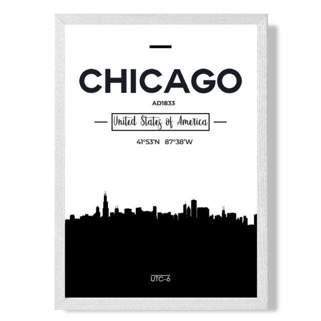 ARTZE Chicago Black & White City Skyline Framed Print SIZE: A2 with White Frame - Size: A4 - image 1