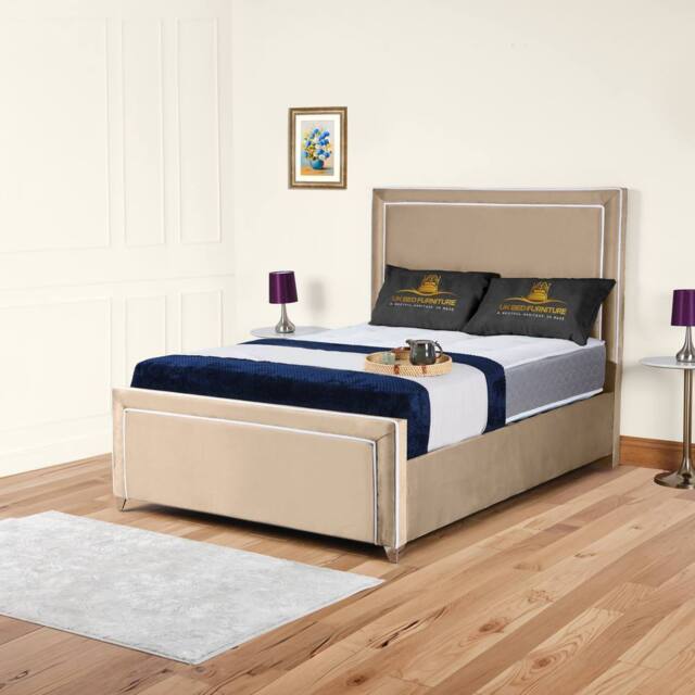 UK Bed Furniture Ariana Upholstered Bed Frame with 48-inch Headboard - Slatted Base in Beige - Size: Super King - image 1