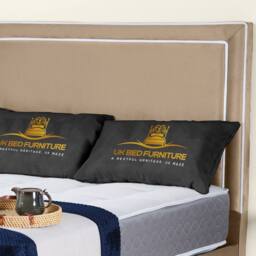 UK Bed Furniture Ariana Upholstered Bed Frame with 48-inch Headboard - Slatted Base in Beige - Size: Super King - thumbnail 2