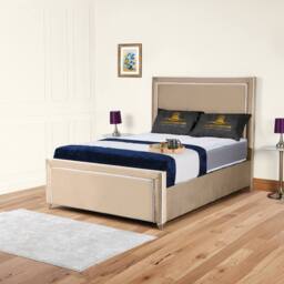 UK Bed Furniture Ariana Upholstered Bed Frame with 48-inch Headboard - Slatted Base in Beige - Size: Super King - thumbnail 1