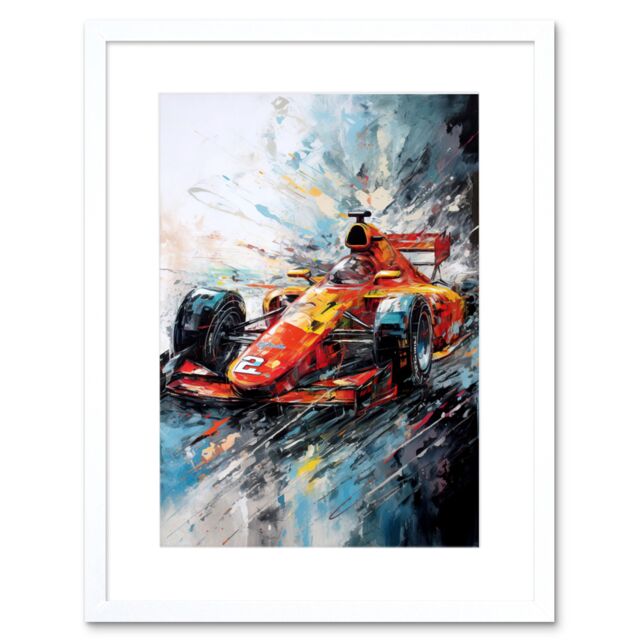 "Artery8 Wall Art Print Orange Race Car Grand Prix Action Shot Painting Artwork Framed 9X7 Inch in White - Size: W7"" x H9""" - image 1