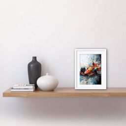 "Artery8 Wall Art Print Orange Race Car Grand Prix Action Shot Painting Artwork Framed 9X7 Inch in White - Size: W7"" x H9""" - thumbnail 2