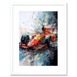 "Artery8 Wall Art Print Orange Race Car Grand Prix Action Shot Painting Artwork Framed 9X7 Inch in White - Size: W7"" x H9""" - thumbnail 1