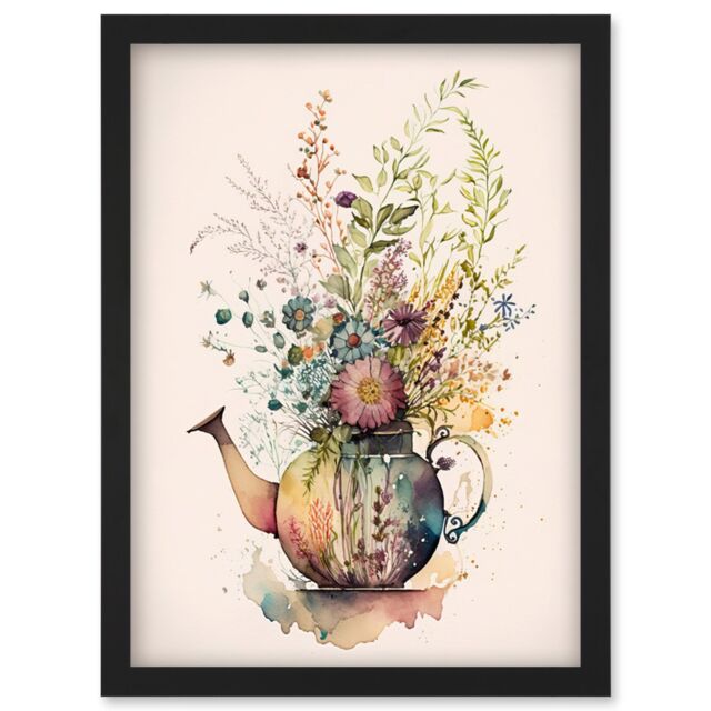 Artery8 Wildflower Floral Spring Bouquet in a Teapot Vase Artwork Framed Wall Art Print A4 in Black - image 1