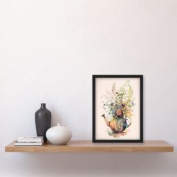 Artery8 Wildflower Floral Spring Bouquet in a Teapot Vase Artwork Framed Wall Art Print A4 in Black - thumbnail 2