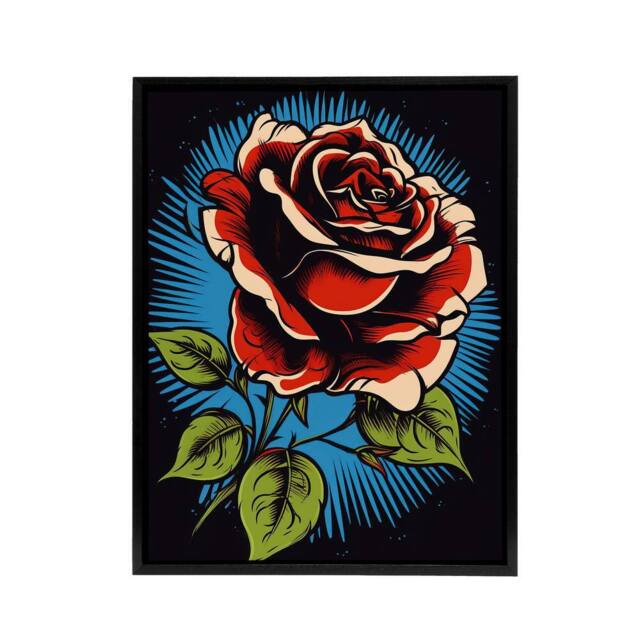 "Artery8 Old School USA Tattoo Rose Flower Framed Canvas Wall Art Print in Red - Size: W12"" x H16""" - image 1