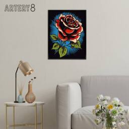 "Artery8 Old School USA Tattoo Rose Flower Framed Canvas Wall Art Print in Red - Size: W12"" x H16""" - thumbnail 3