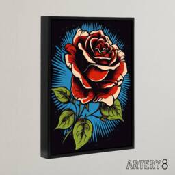 "Artery8 Old School USA Tattoo Rose Flower Framed Canvas Wall Art Print in Red - Size: W12"" x H16""" - thumbnail 2