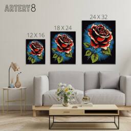 "Artery8 Old School USA Tattoo Rose Flower Framed Canvas Wall Art Print in Red - Size: W12"" x H16""" - thumbnail 4