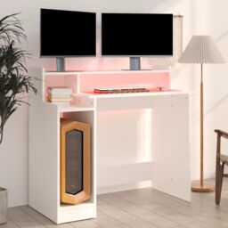 Berkfield Home Desk with LED Lights White 97x45x90 cm Engineered Wood - Size: 97 x 45 x 90 cm - thumbnail 5
