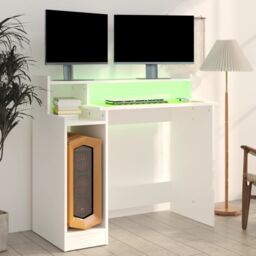Berkfield Home Desk with LED Lights White 97x45x90 cm Engineered Wood - Size: 97 x 45 x 90 cm - thumbnail 4