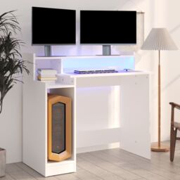Berkfield Home Desk with LED Lights White 97x45x90 cm Engineered Wood - Size: 97 x 45 x 90 cm - thumbnail 1