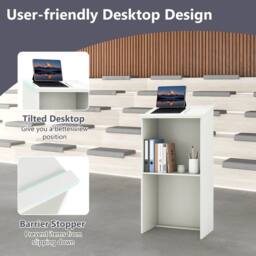 Costway 117CM Podium Stand Hostess Stand for Speakers Wooden Standing Desk in White - thumbnail 8