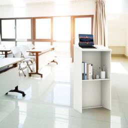 Costway 117CM Podium Stand Hostess Stand for Speakers Wooden Standing Desk in White - thumbnail 3
