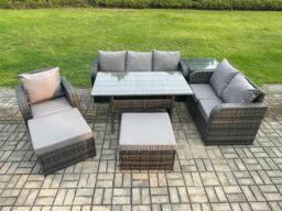 Fimous 7 Piece Rattan Garden Furniture Set with Patio Sofa Rectangular Dining Table Side Table 2 Big Footstool Indoor Conservatory Patio Set - thumbnail 1