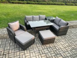 Fimous 7 Piece Rattan Garden Furniture Set with Patio Sofa Rectangular Dining Table Side Table 2 Big Footstool Indoor Conservatory Patio Set - thumbnail 2