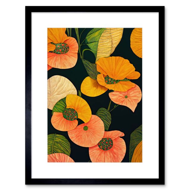 "Artery8 Wall Art Print Modern Tropical Lake Flowers Orange Yellow Peach Cream Warm Colours on Dark Green Artwork Framed 9X7 Inch - Size: W7"" x H9""" - image 1